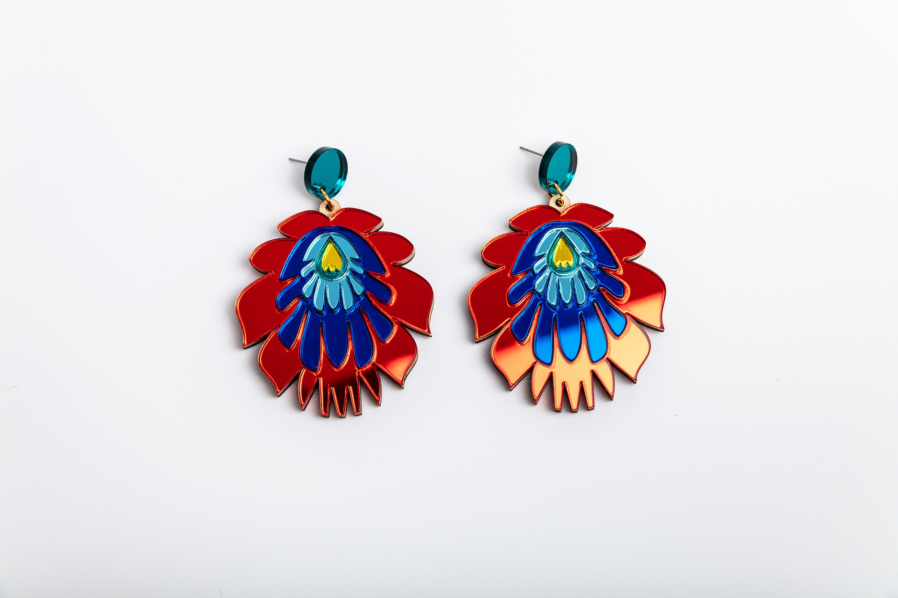 Folk Flower Statement Earrings, red/blue