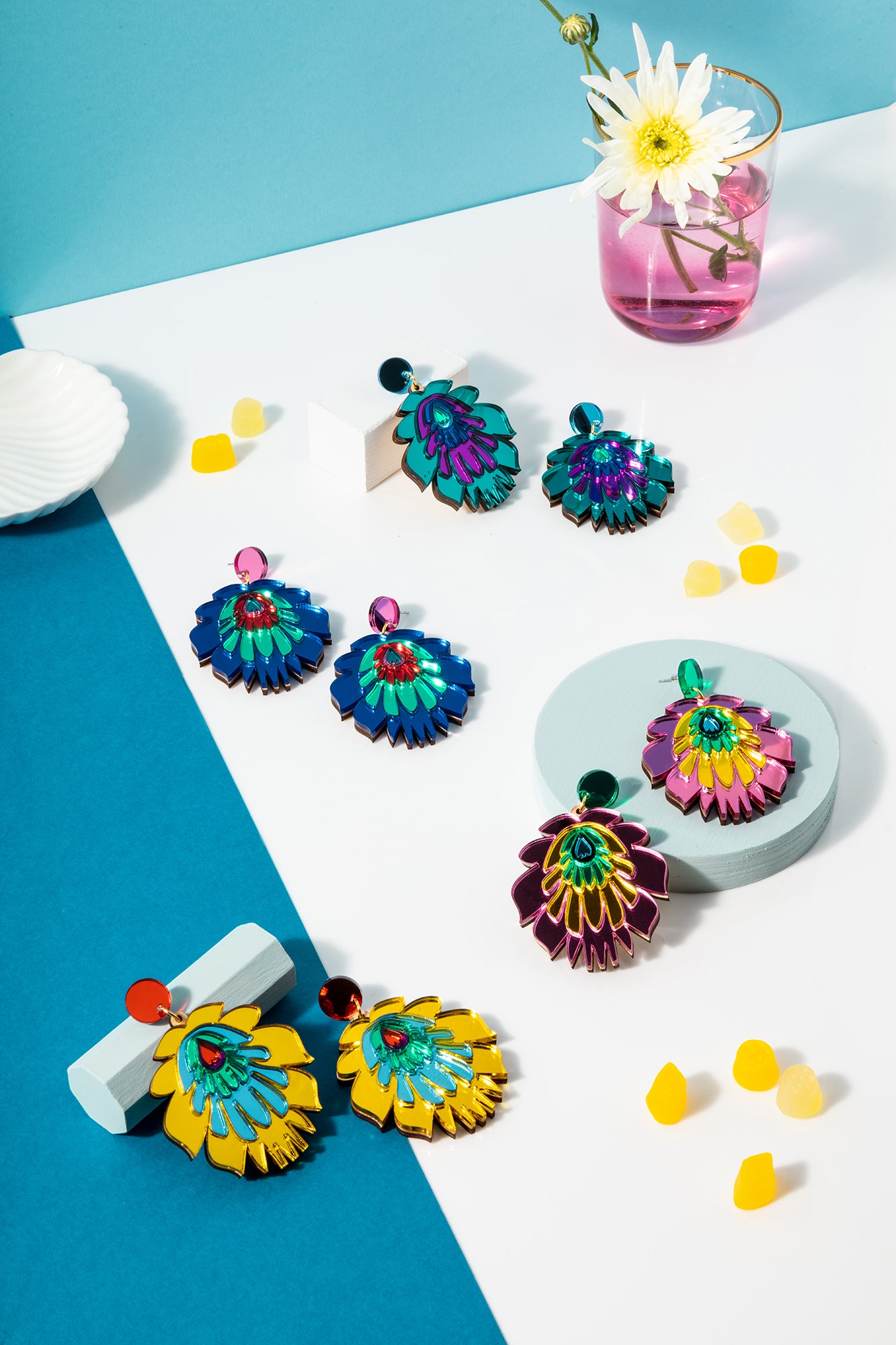 Folk Flower Statement Earrings, dark blue/green