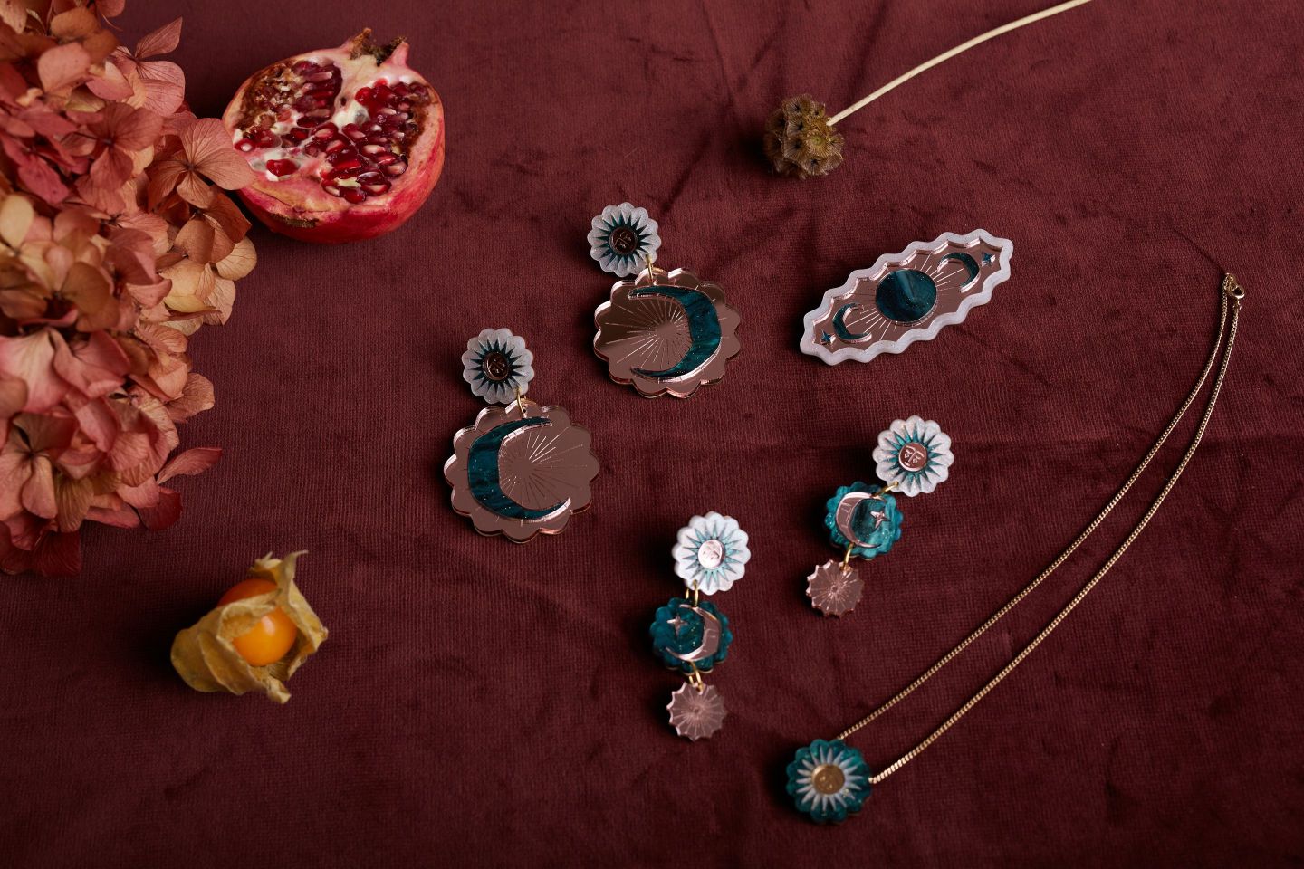 Boucles d'oreilles à tige Céleste Soleil Lune - Sarcelle
