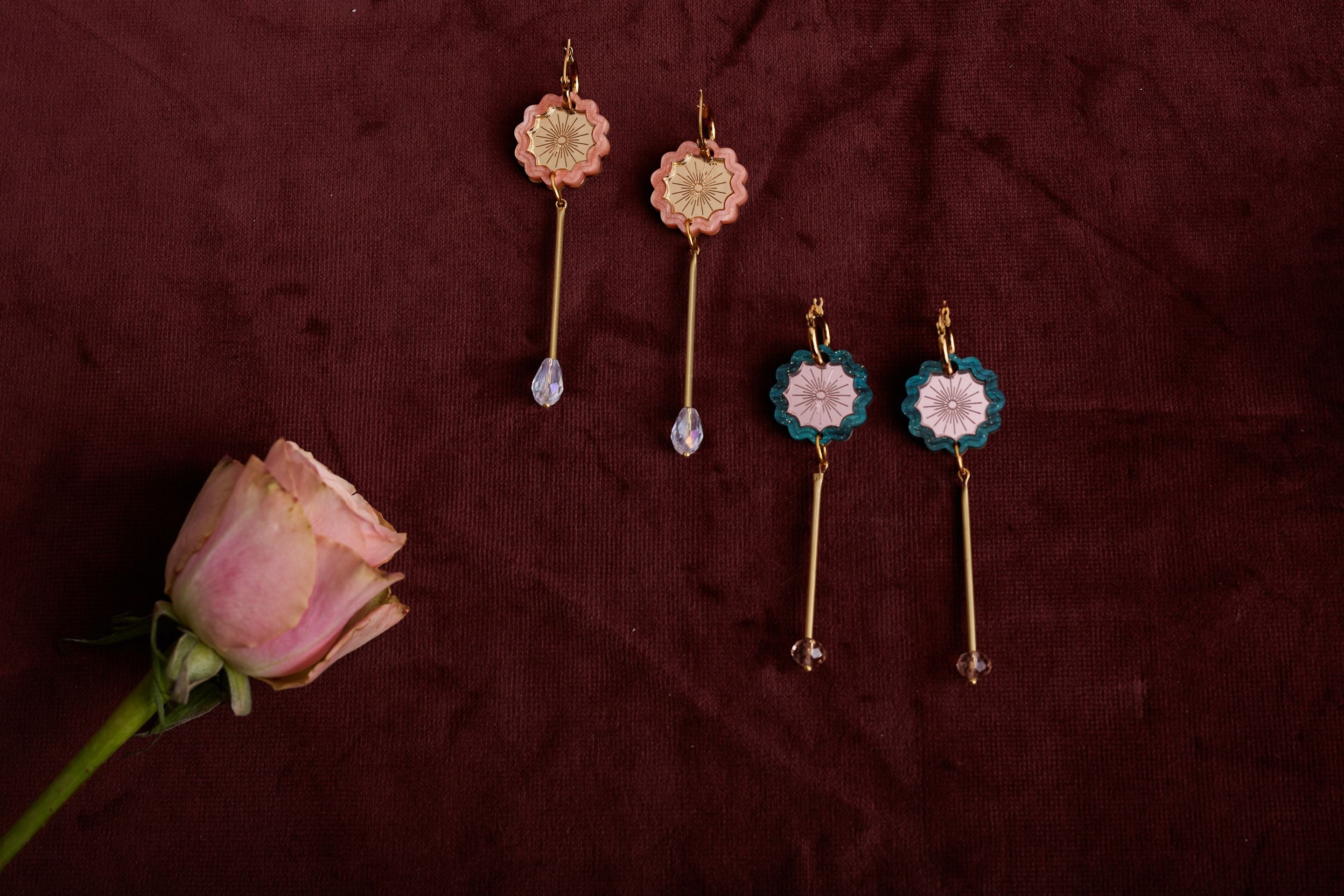 Brass Drop Mini Hoop Earrings- Teal
