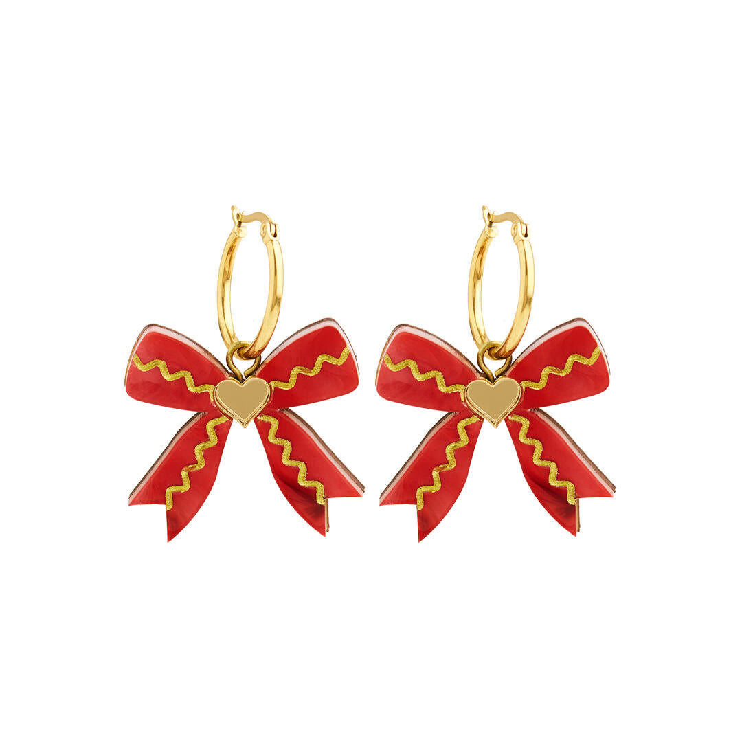 Bow Hoop Earrings - RED