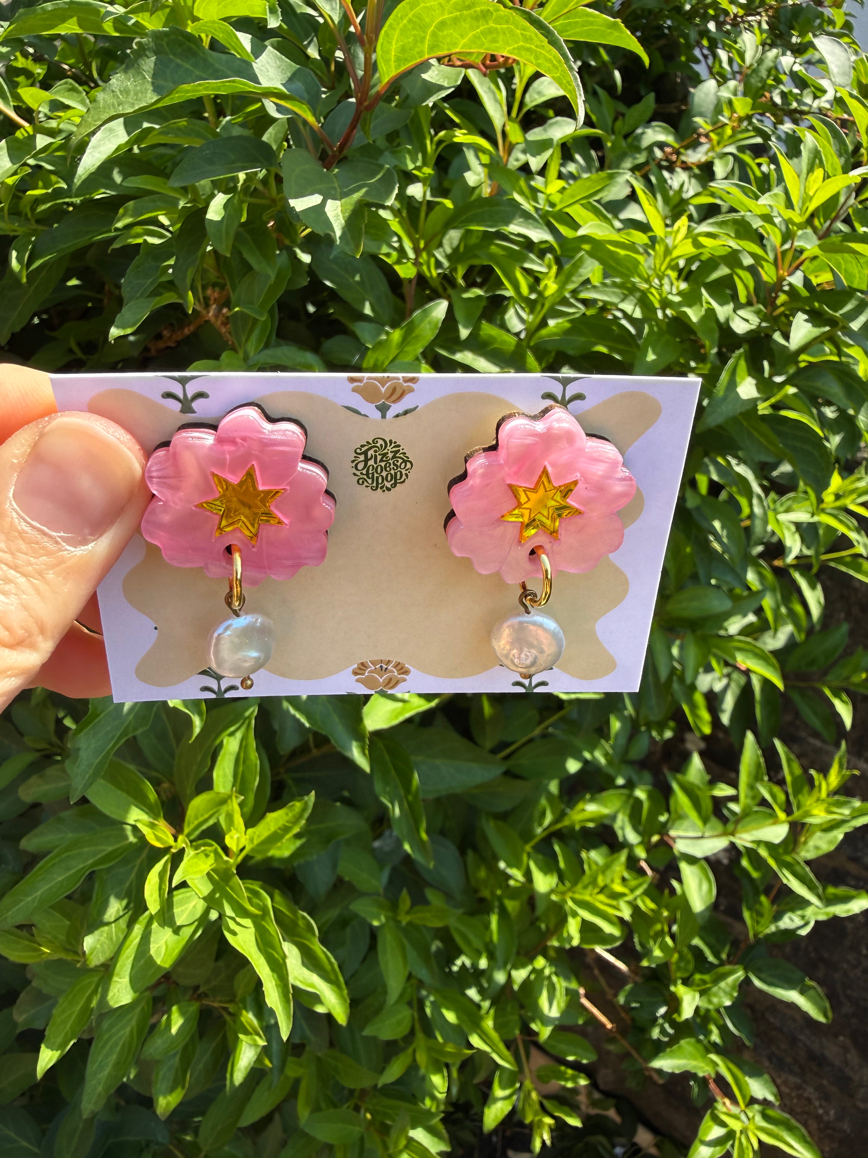 Pink primula pearl earrings.