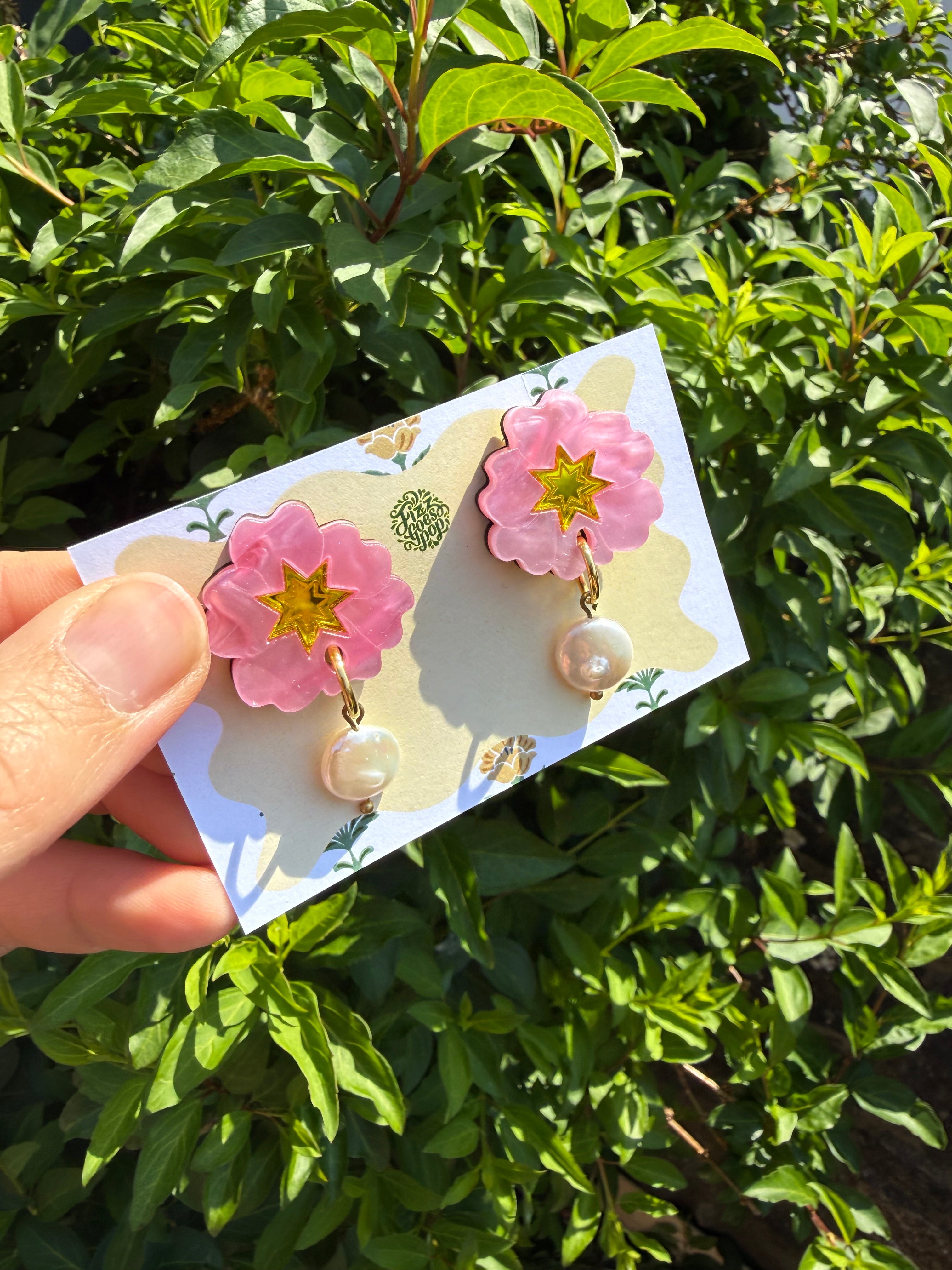 Pink primula pearl earrings.