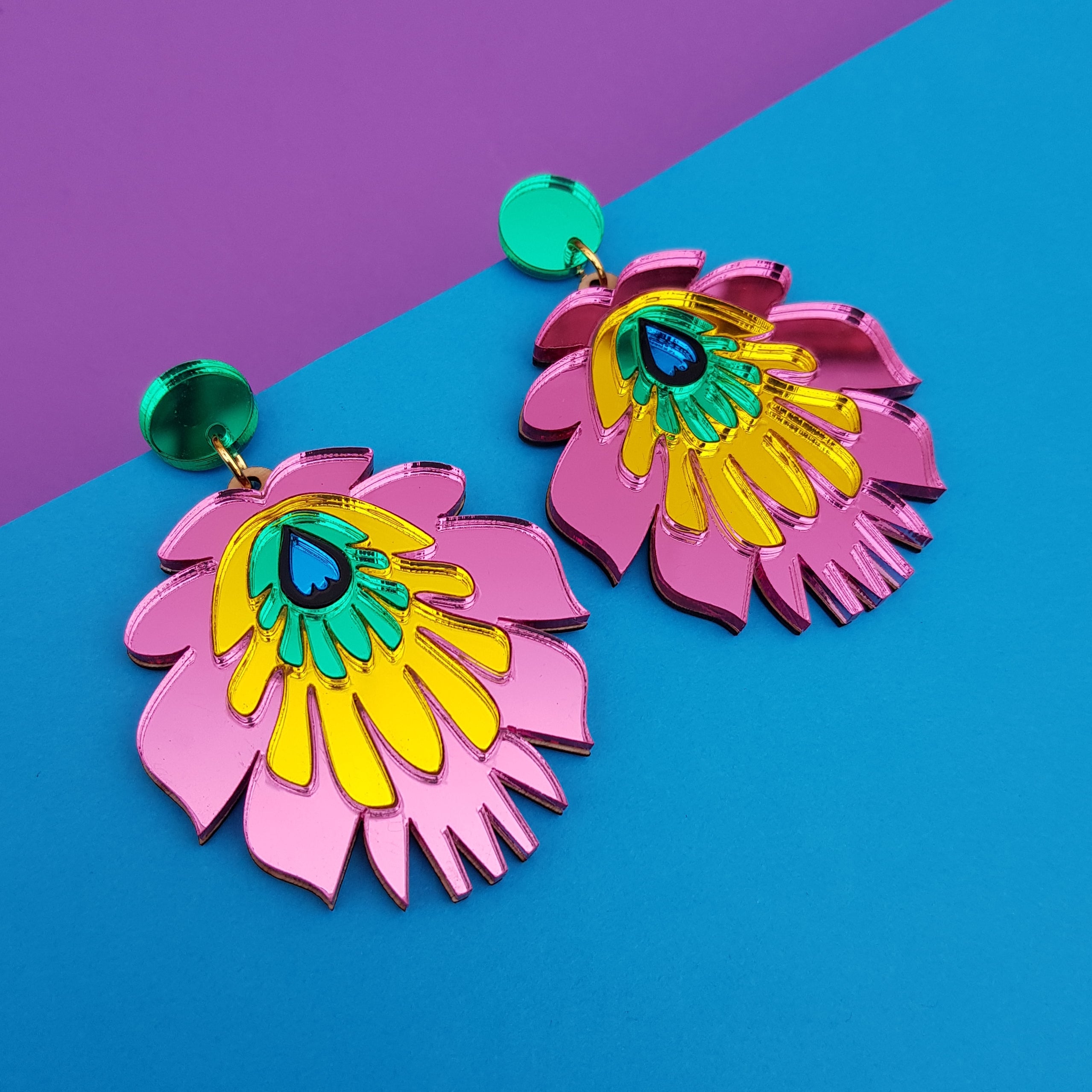 Folk Flower Statement Earrings, pink/yellow