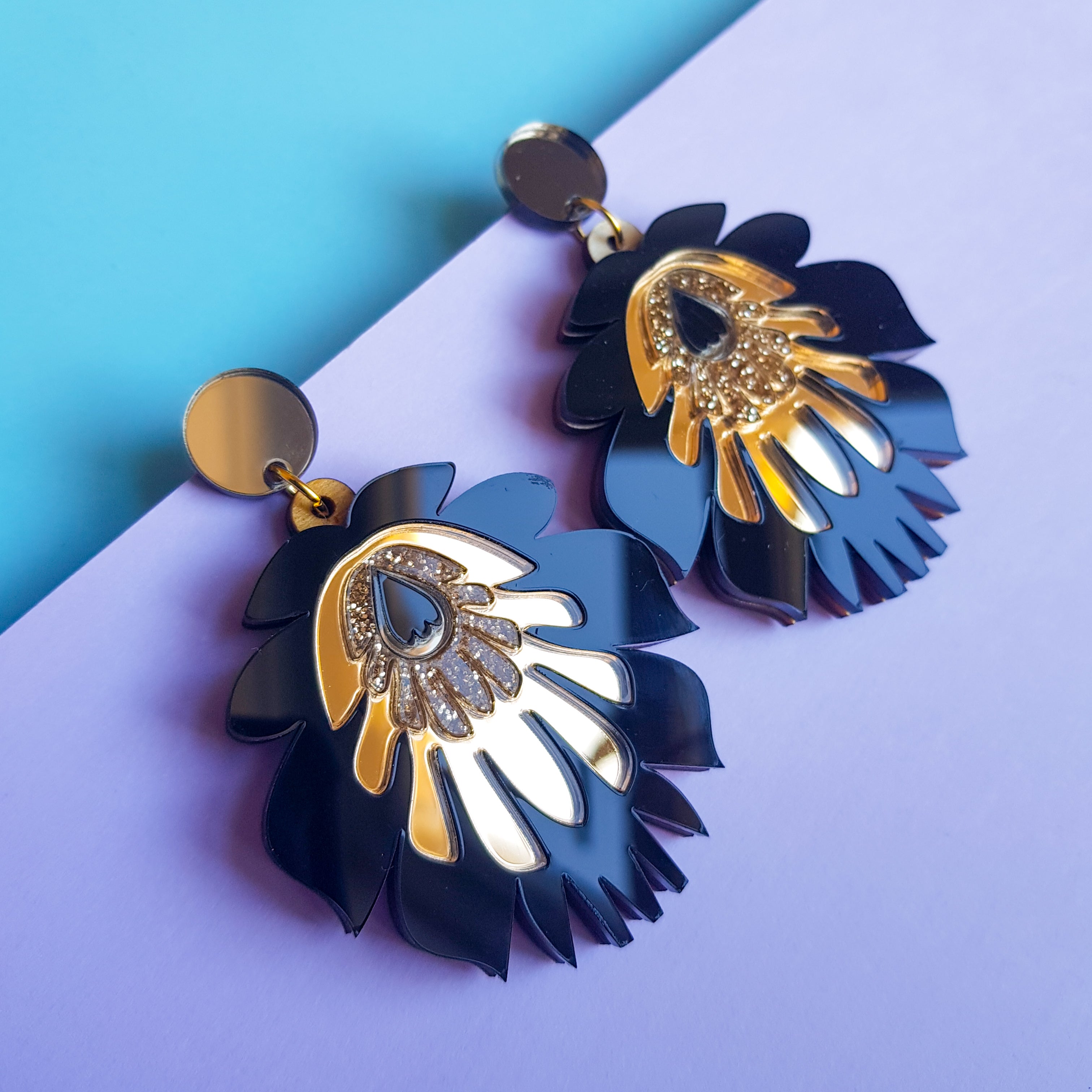 Folk Flower Statement Earrings, black/gold