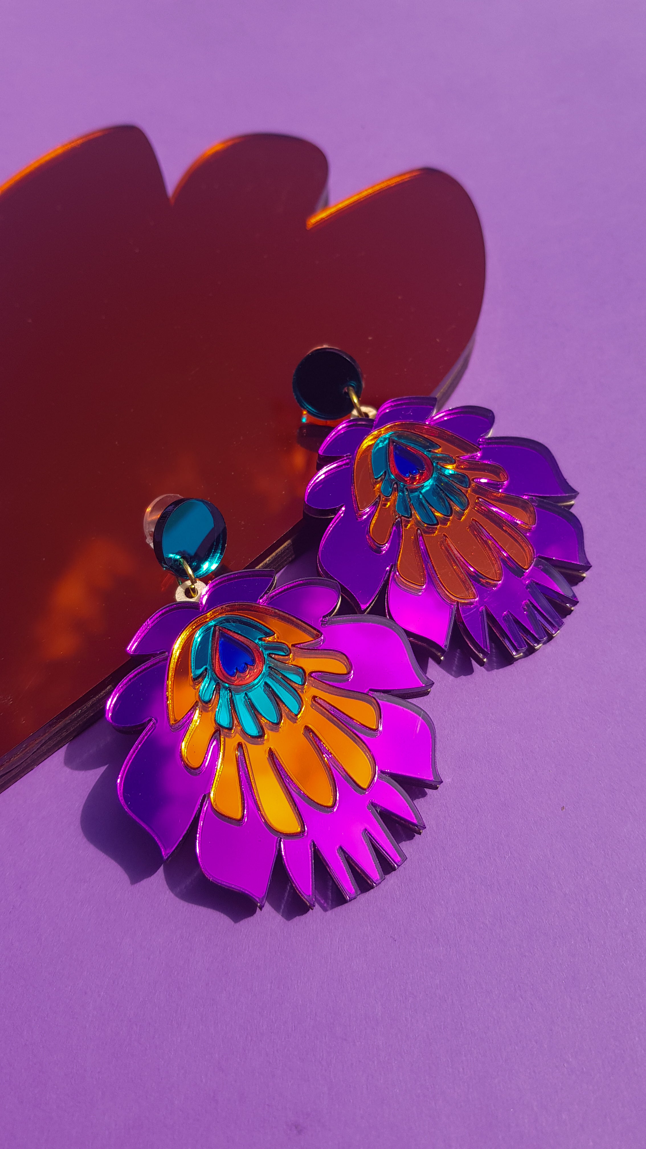 Folk Flower Statement Earrings, purple/orange