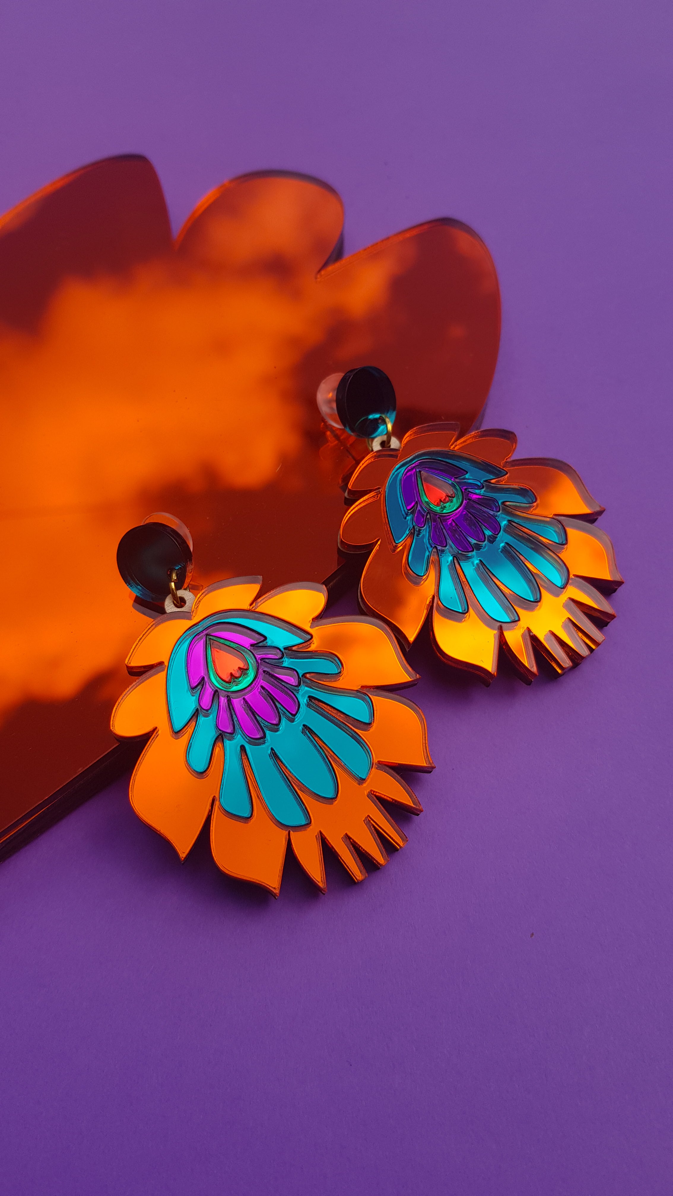 Folk Flower Statement Earrings, orange/teal