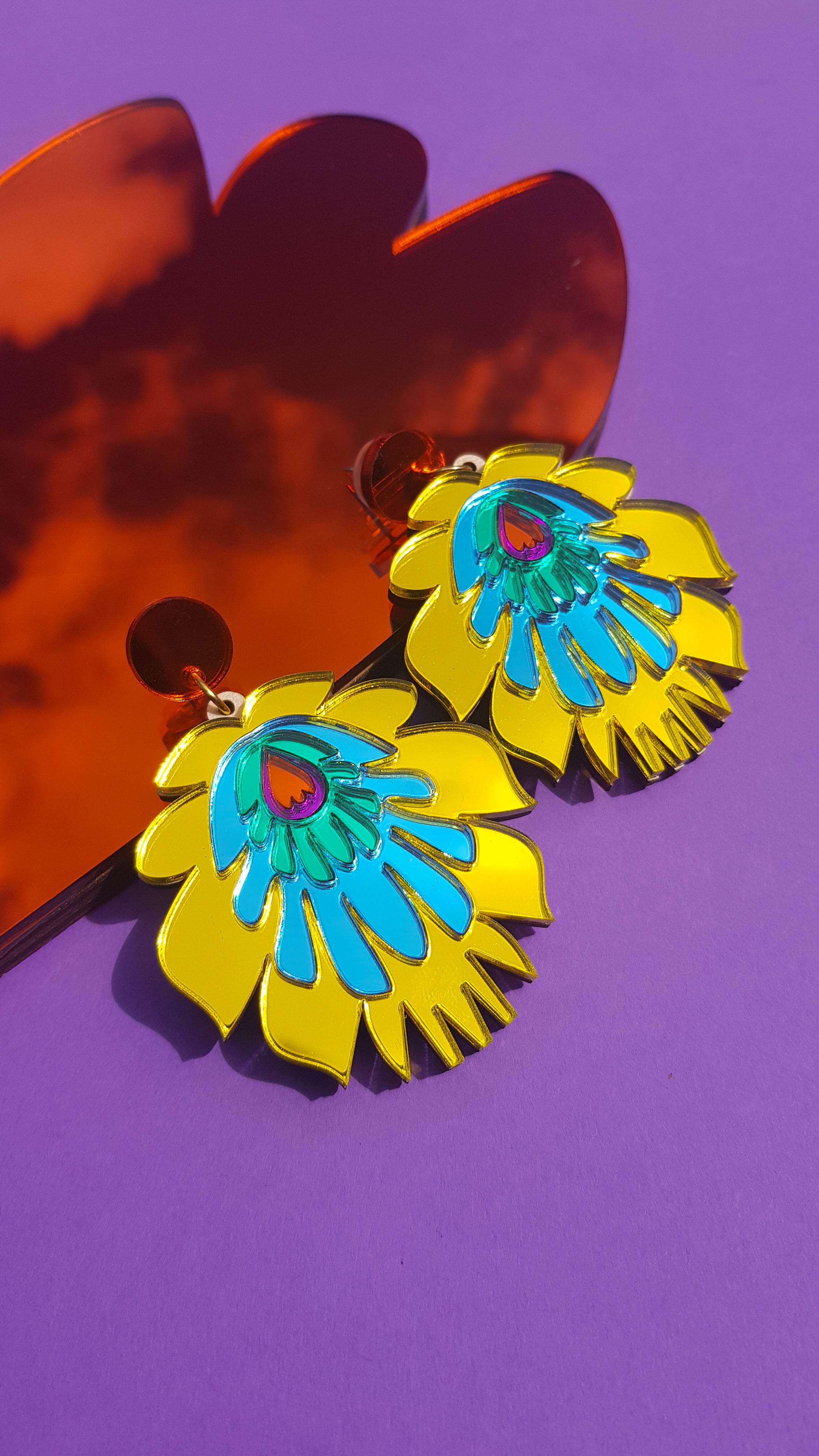 Folk Flower Statement Earrings, yellow/blue