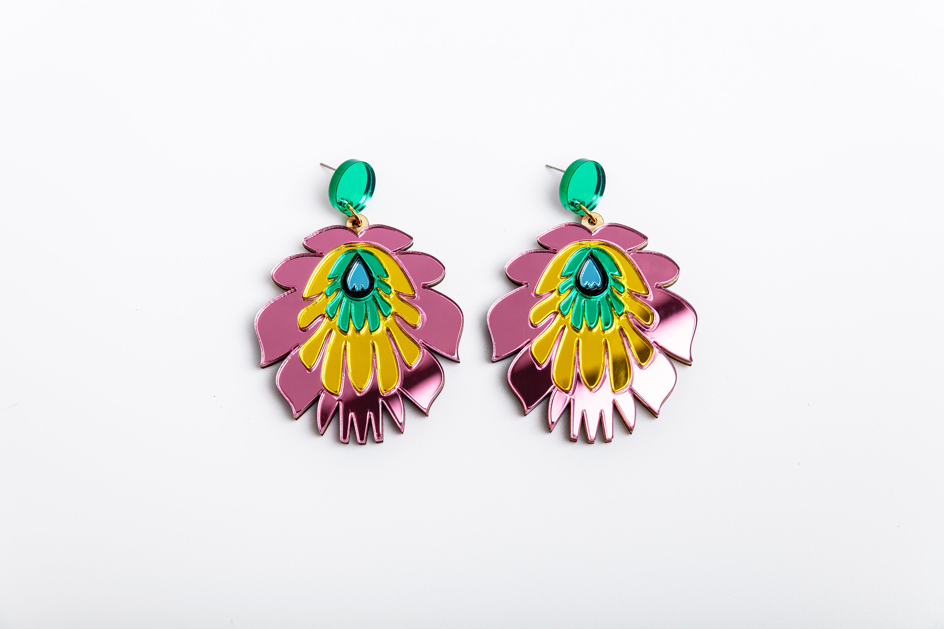Folk Flower Statement Earrings, pink/yellow