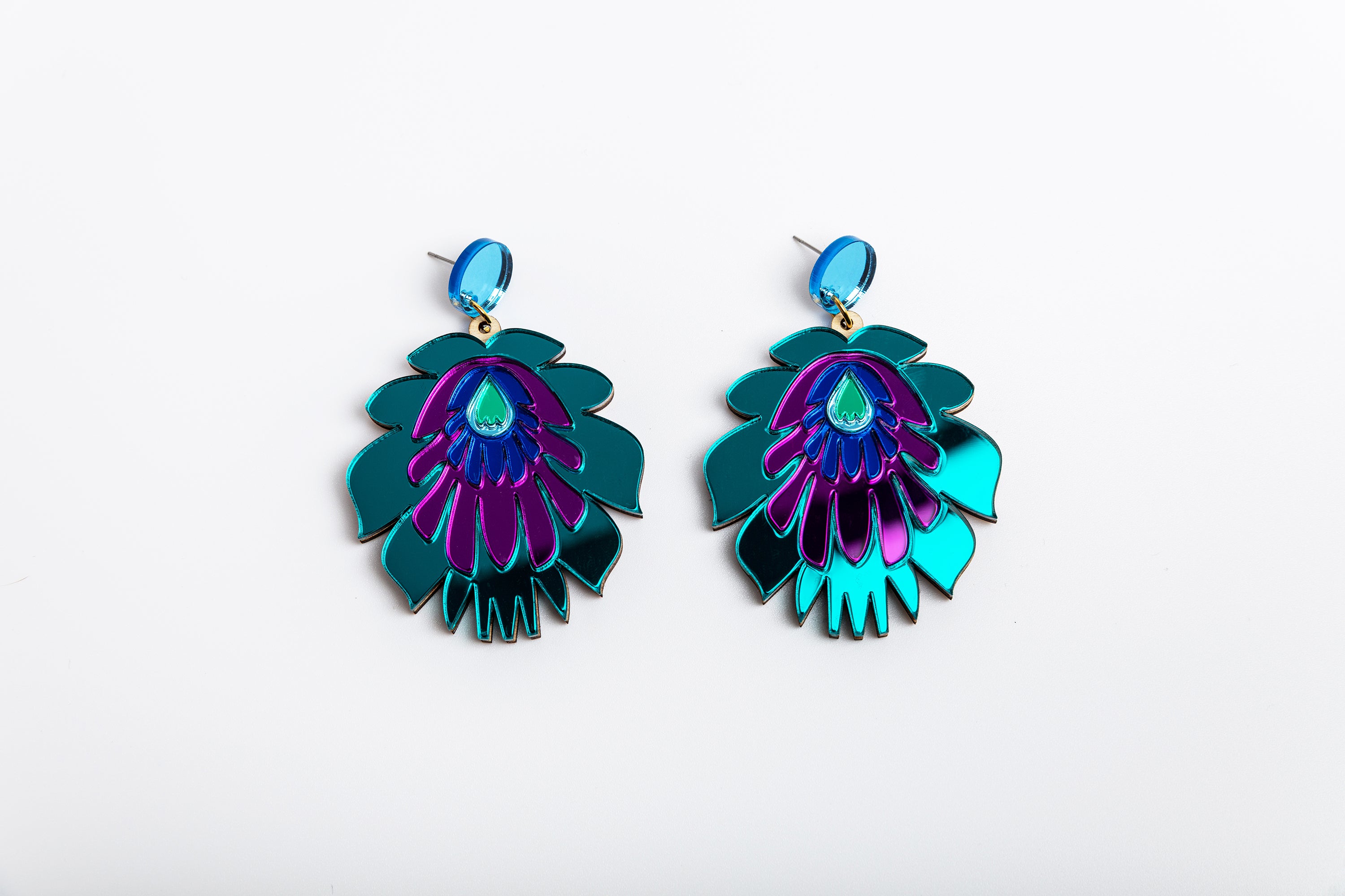 Folk Flower Statement Earrings, teal/purple