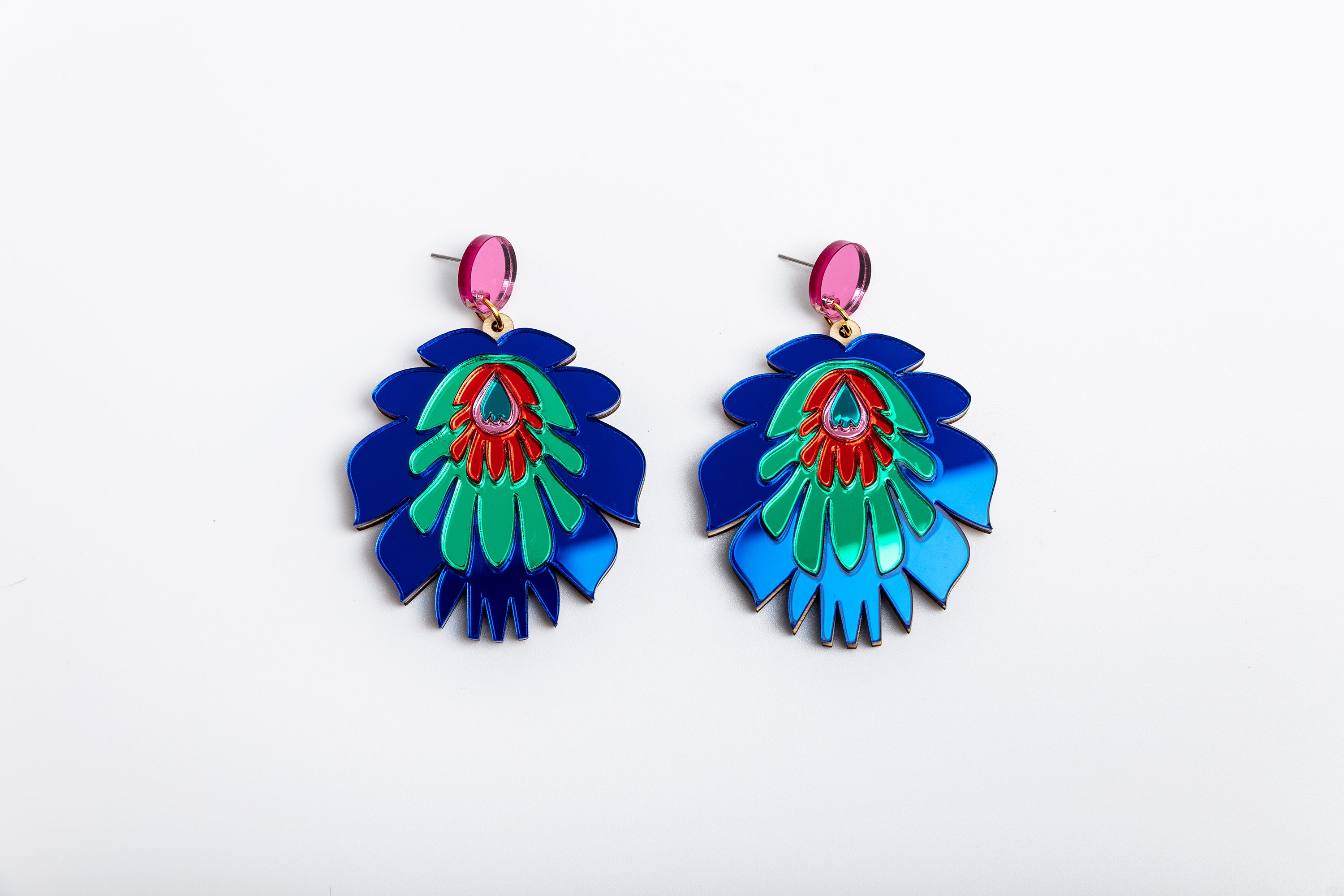 Folk Flower Statement Earrings, dark blue/green