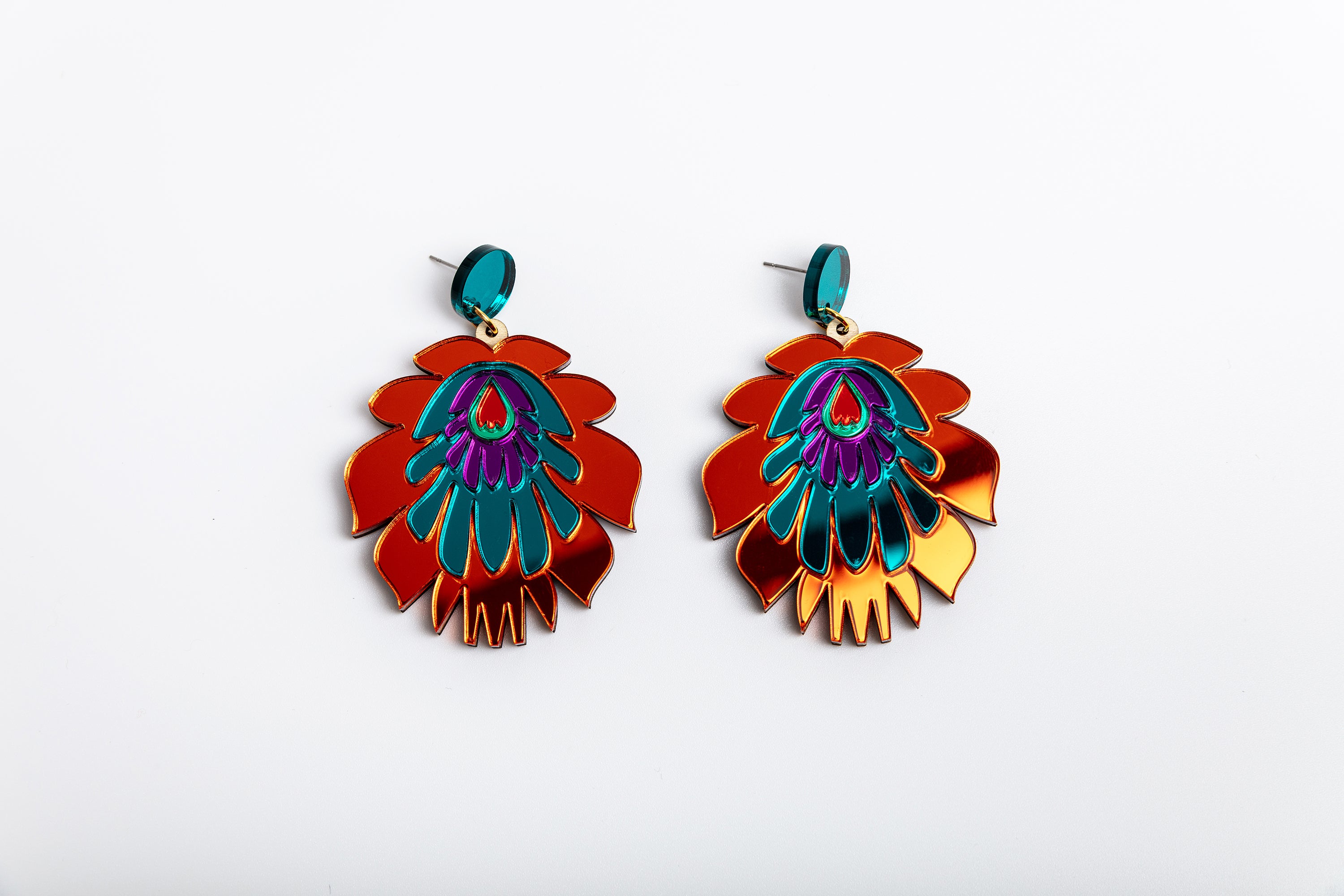 Folk Flower Statement Earrings, orange/teal