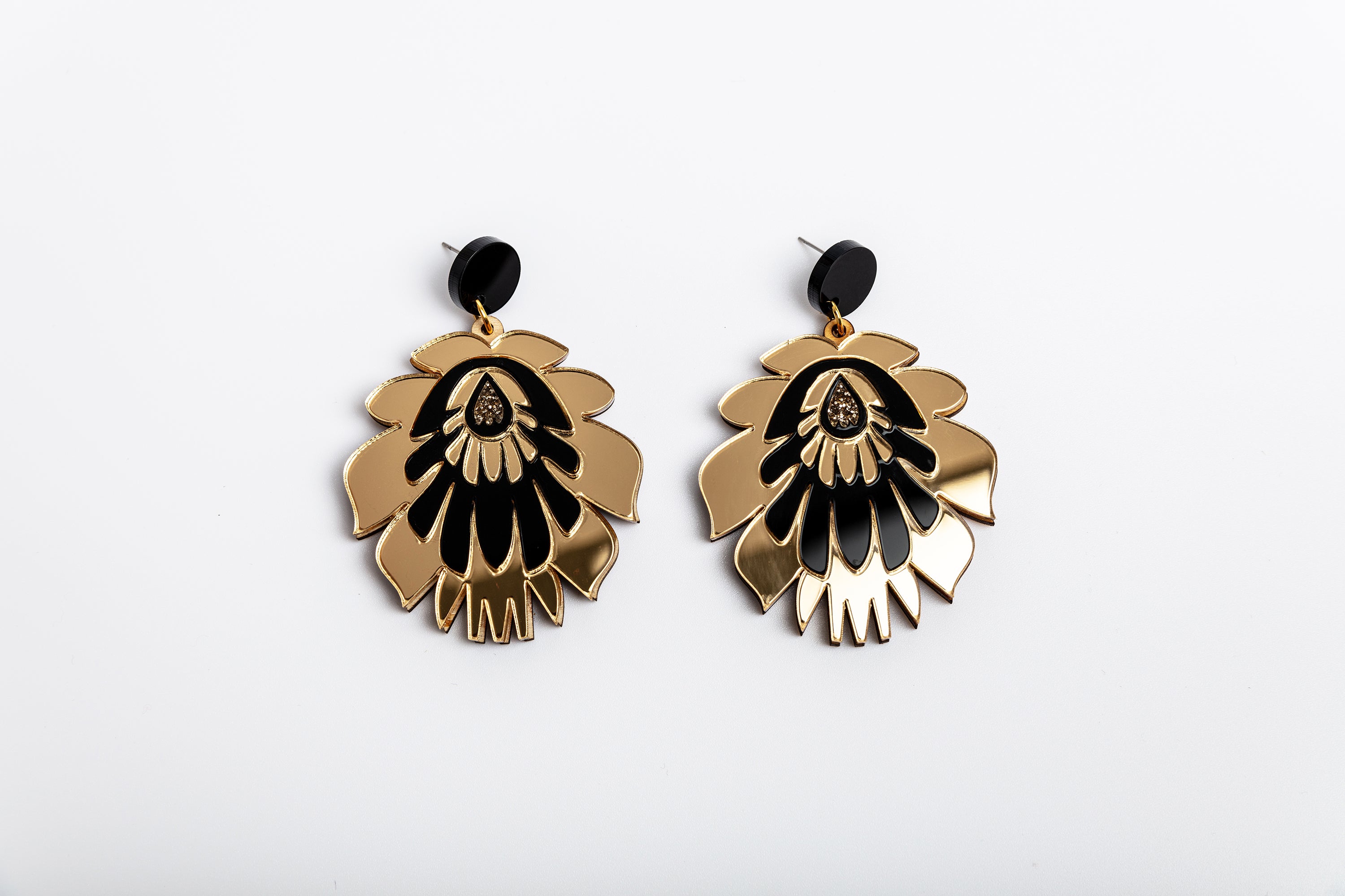 Folk Flower Statement Earrings, gold/black