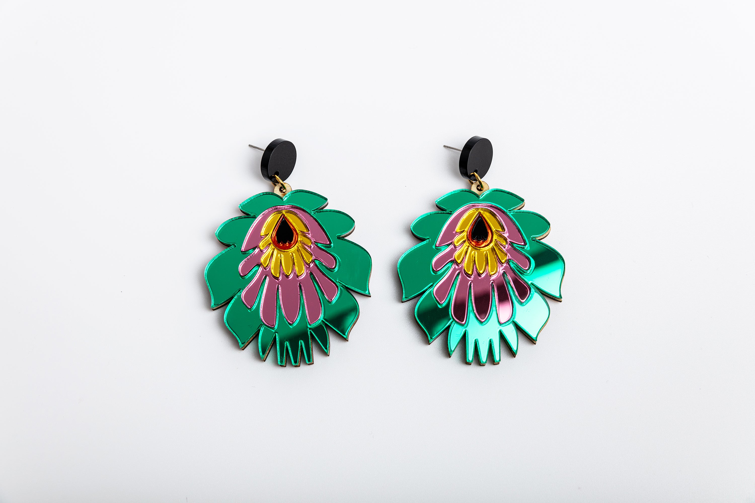 Folk Flower Statement Earrings, green/pink