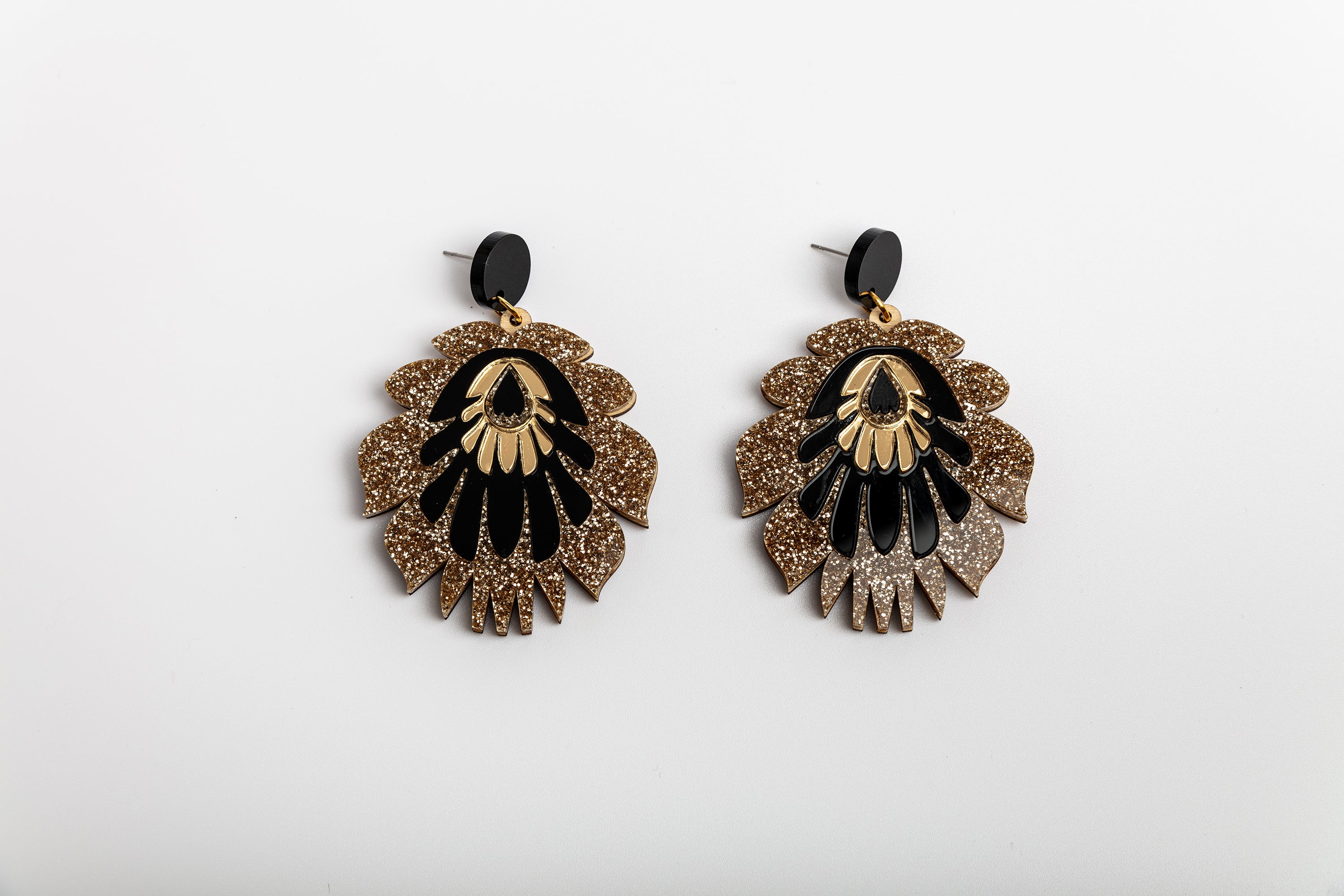 Folk Flower Statement Earrings, gold glitter/black