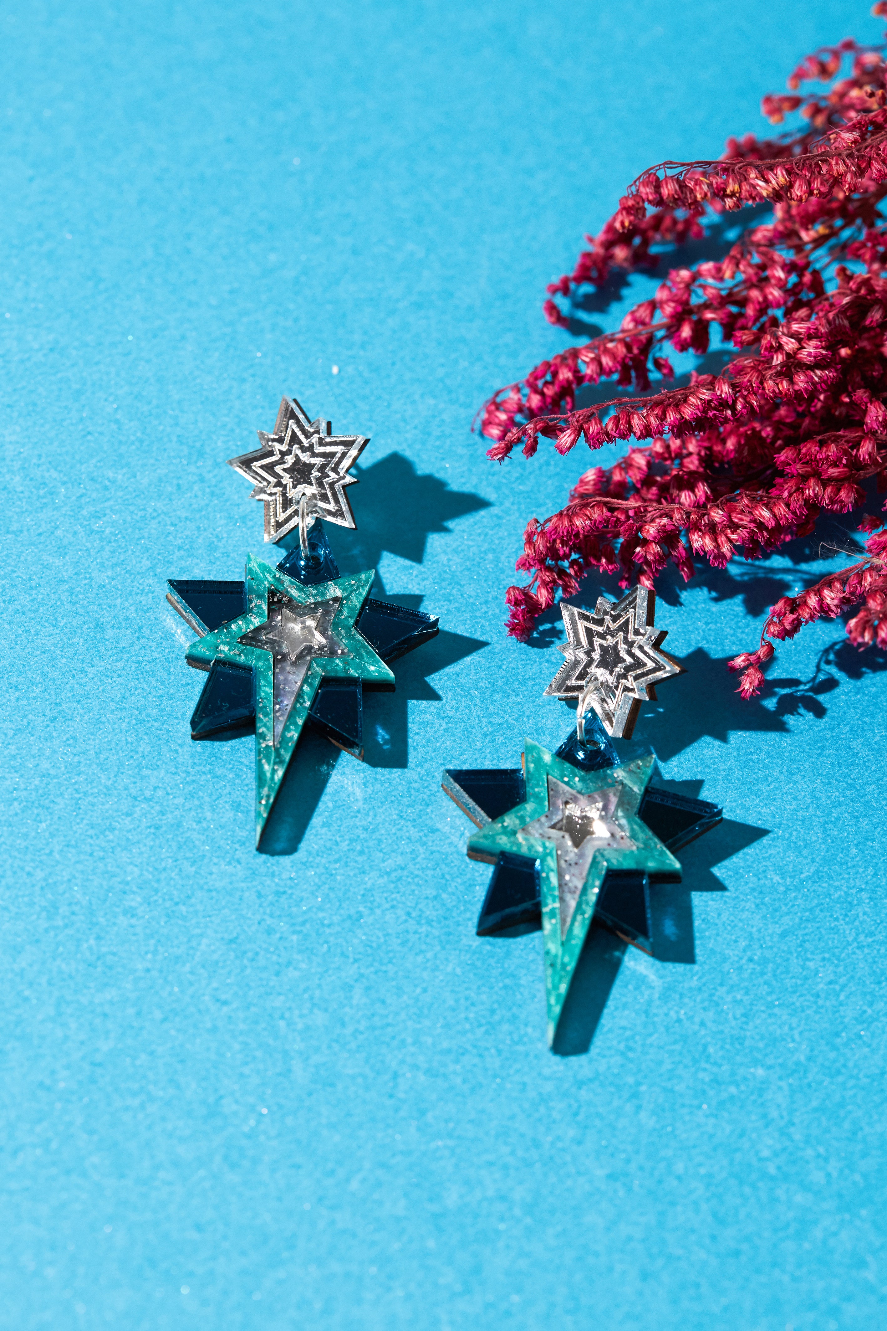 Stud Star Statement earrings (silver/teal)