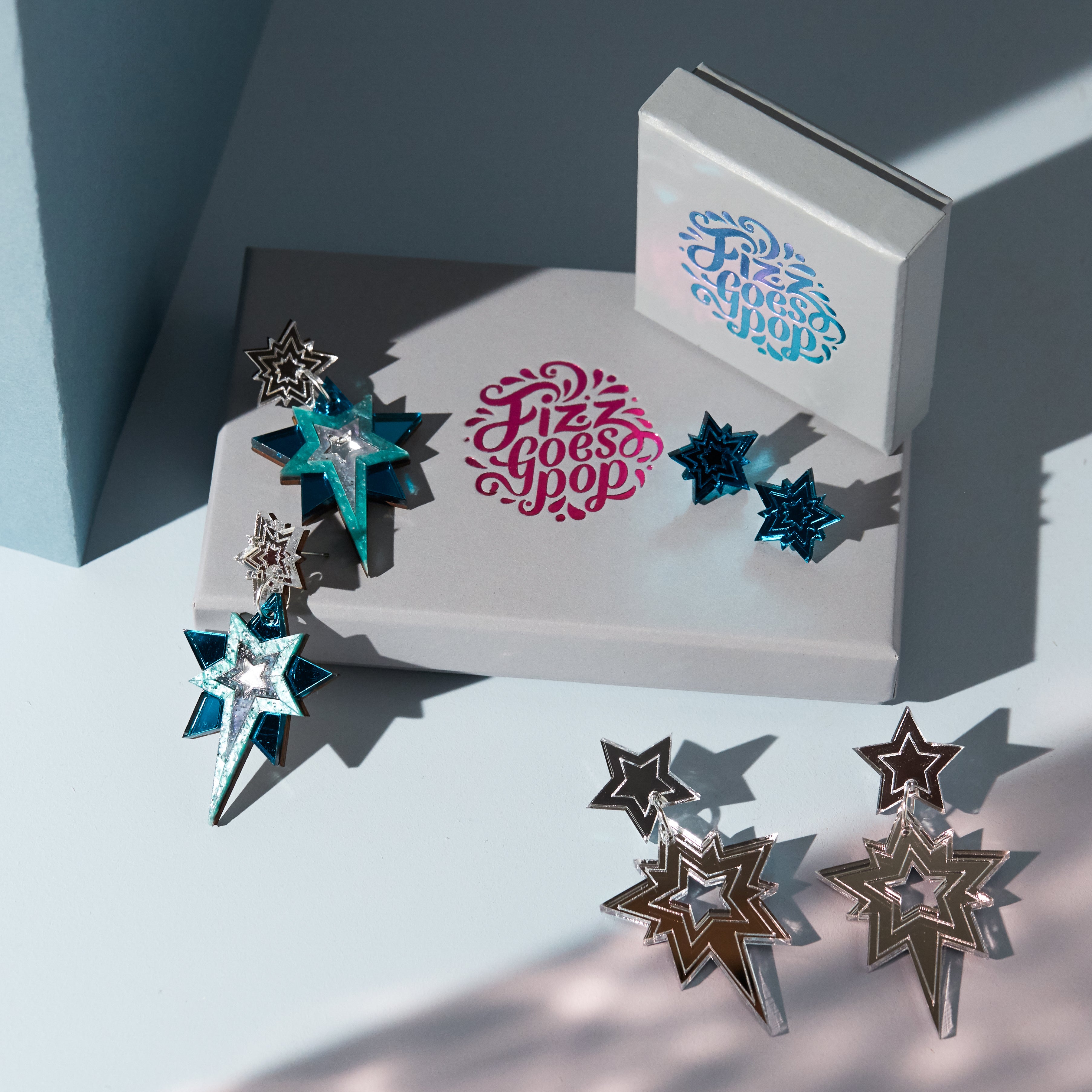 Stud Star Statement earrings (silver/teal)