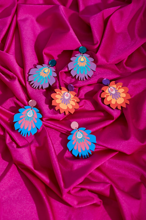 Blue floral hand painted earrings