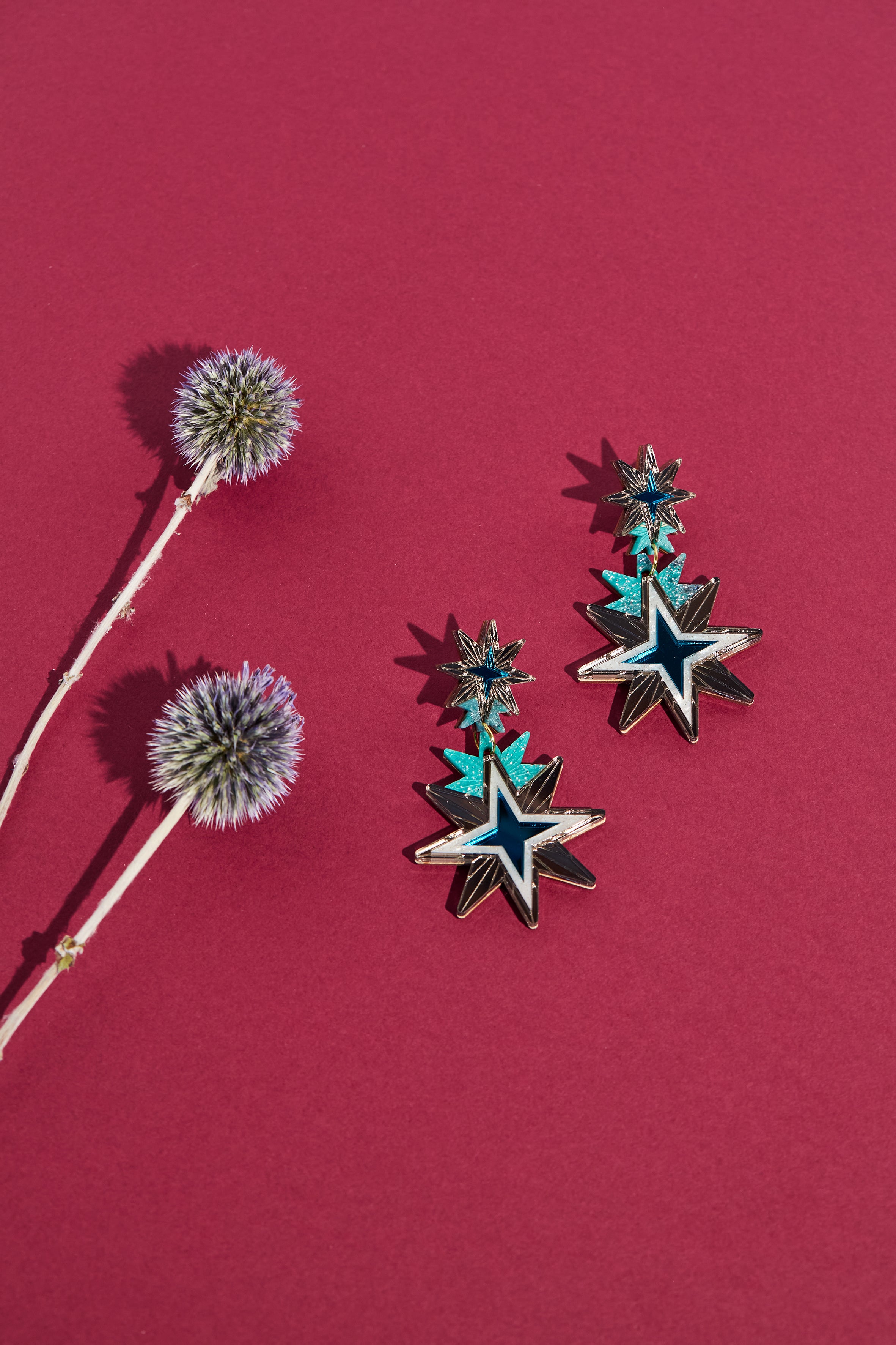 Double Star Statement Earrings, green