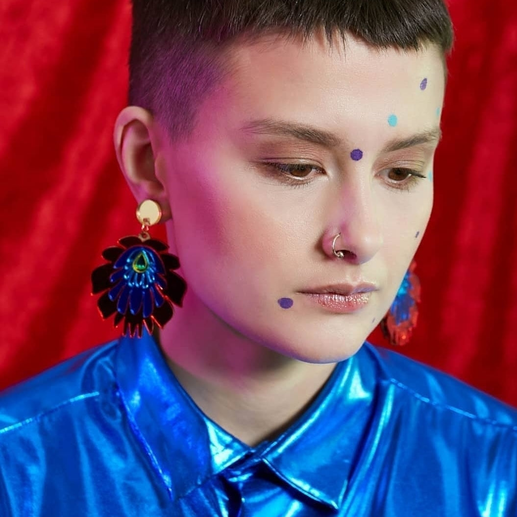 Folk Flower Statement Earrings, purple/orange