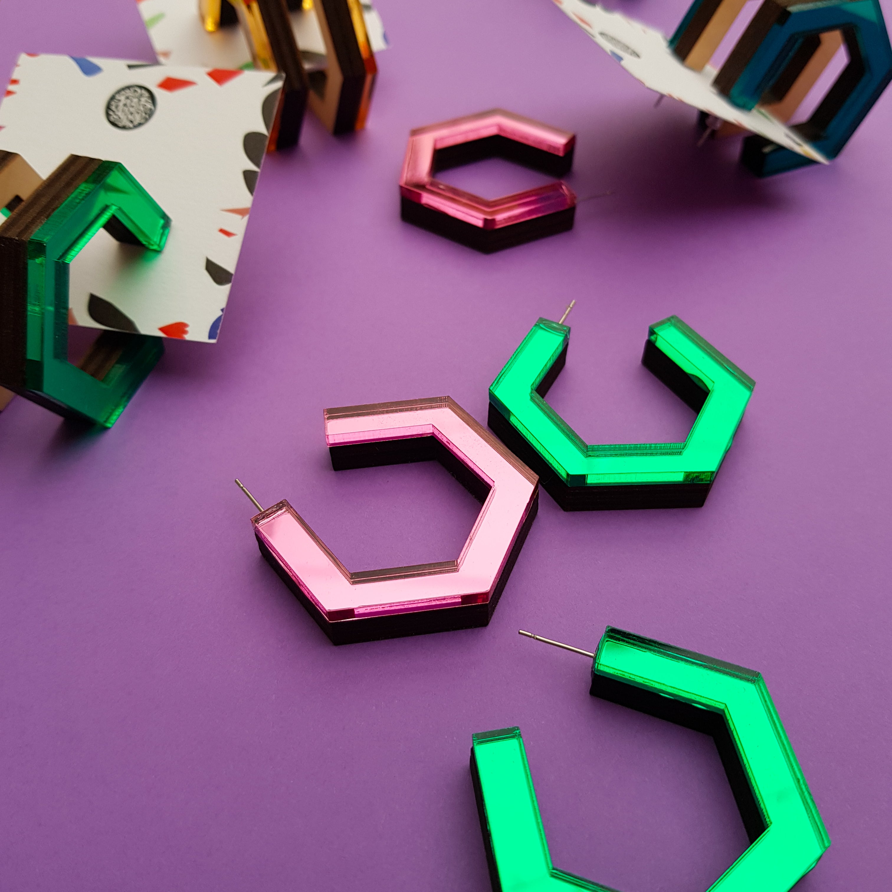 Pink hexagonal ply and perspex hoop earrings