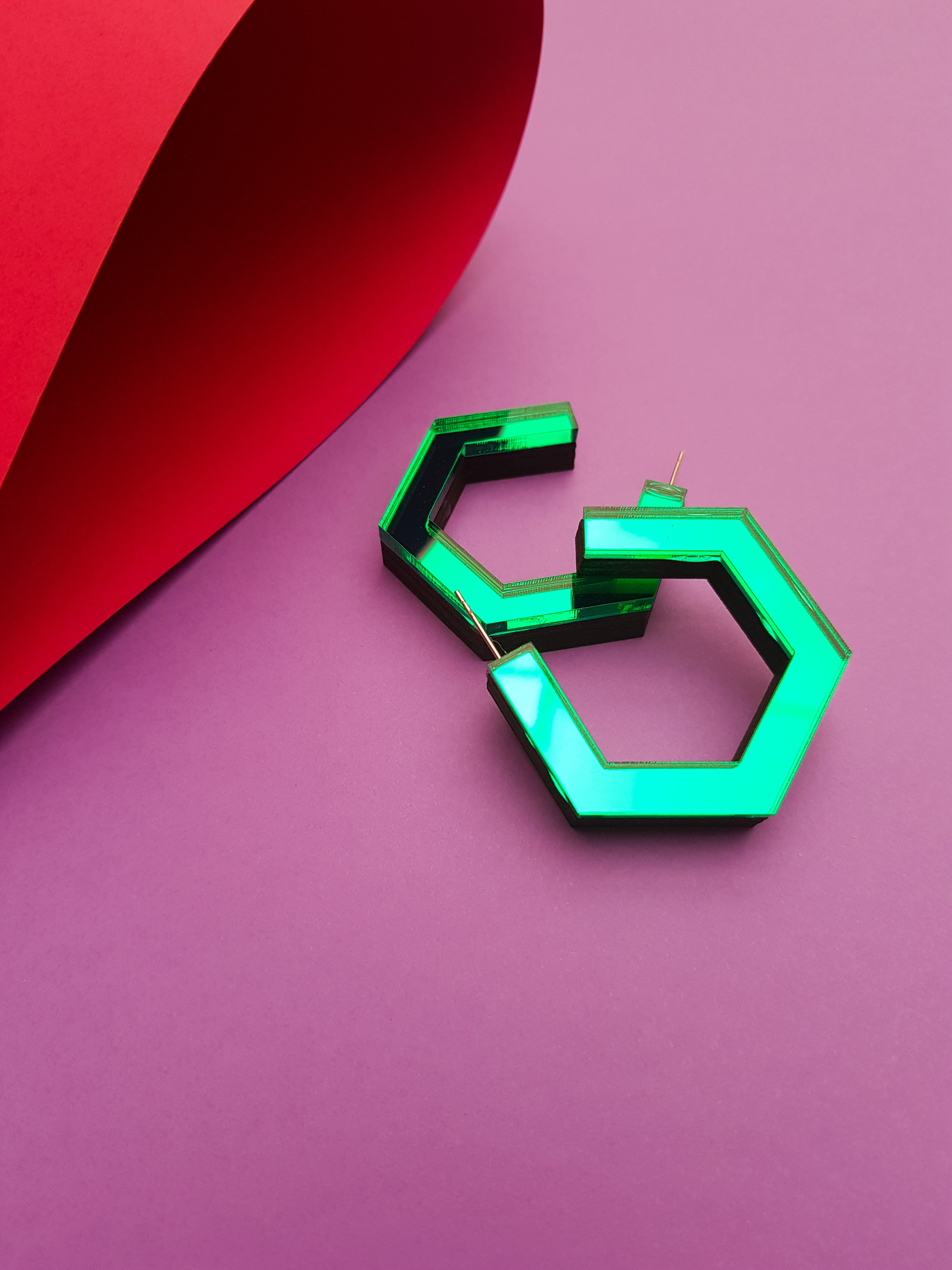 Green hexagonal ply and perspex hoop earrings