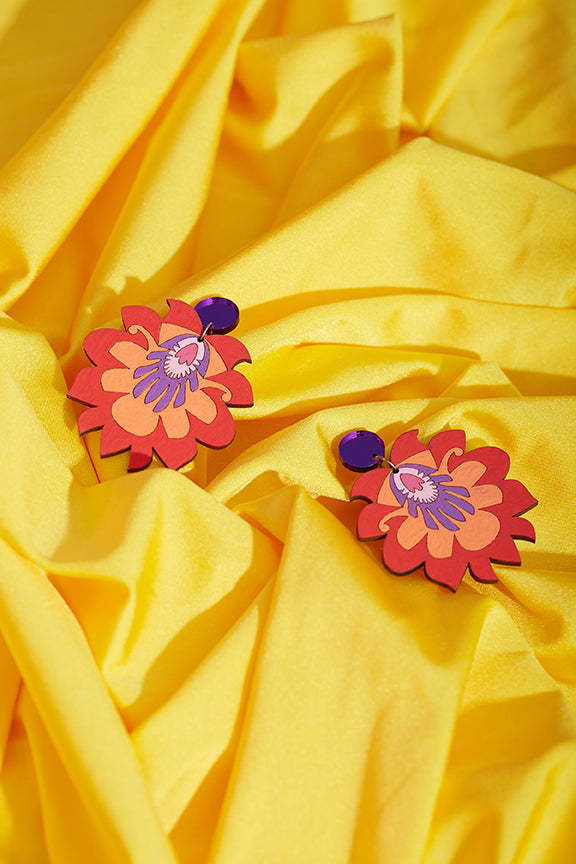 Red floral hand painted earrings