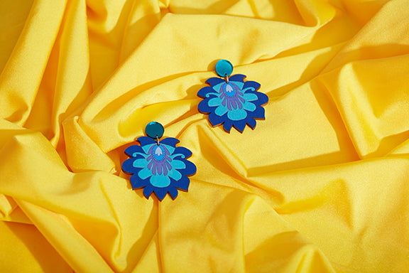 Blue floral hand painted earrings
